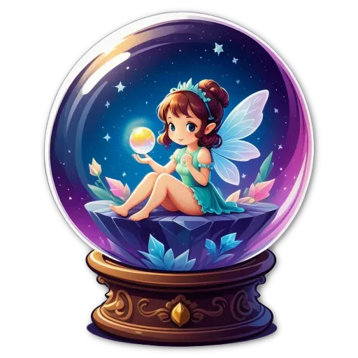 A fairy sitting on a rock in a glass ball.