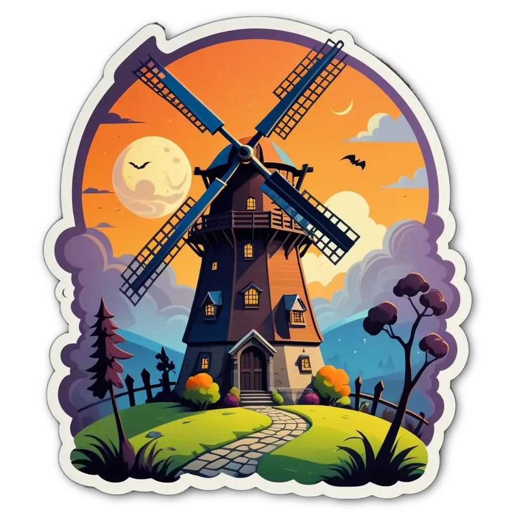 A windmill with a house and trees around it.
