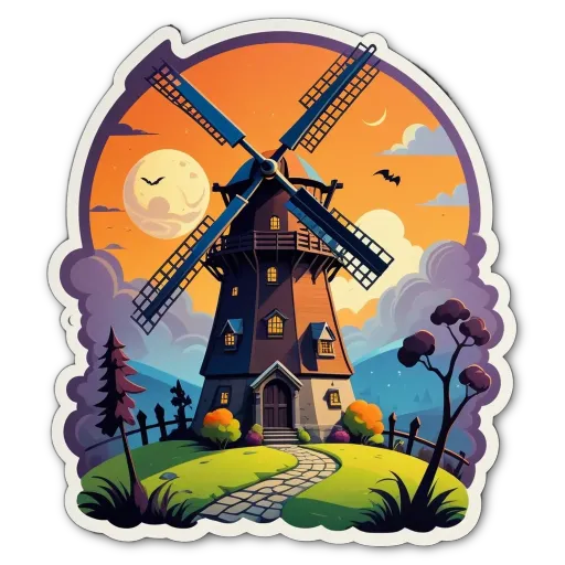 A windmill with a house and trees around it.