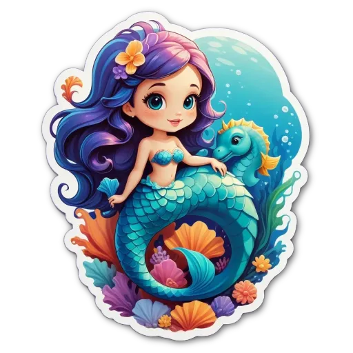 A cartoon image of a mermaid with a horse.
