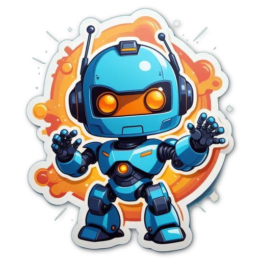 A blue robot with yellow eyes is in the center of a black circle.