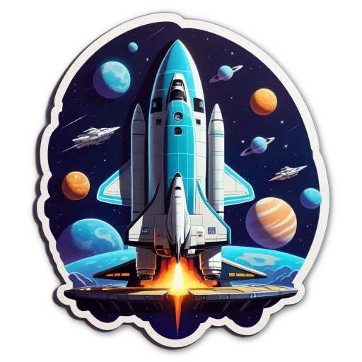 A space shuttle is launching from earth art is in a circle.