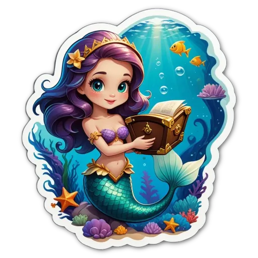 A cartoon image of a girl with a crown reading a book with a blue mermaid in the background.