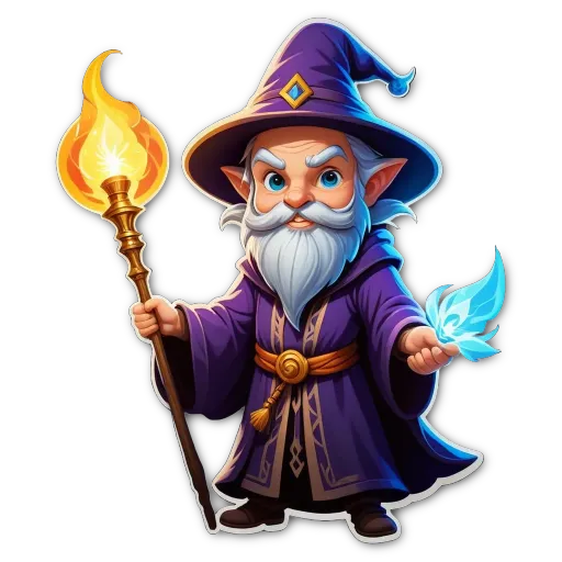 A cartoon drawing of a wizard with a staff and two blue objects.