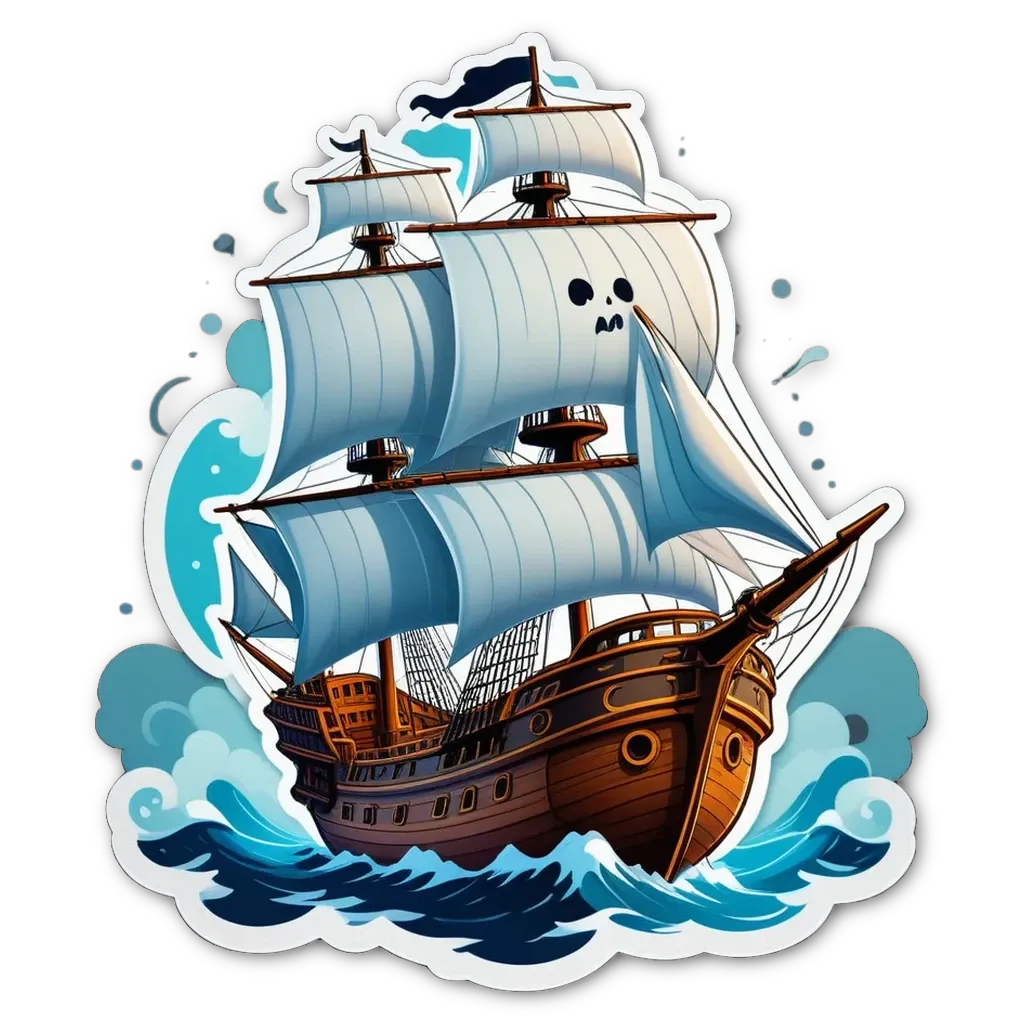 A cartoon drawing of a ship with a ghost in it.
