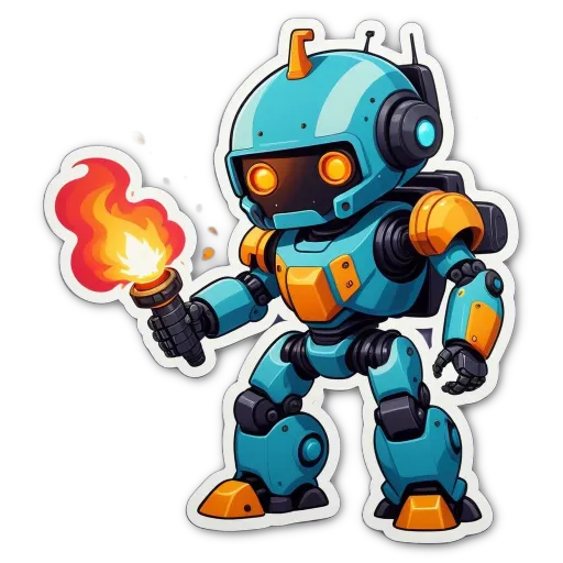 A blue and orange robot holding a torch.