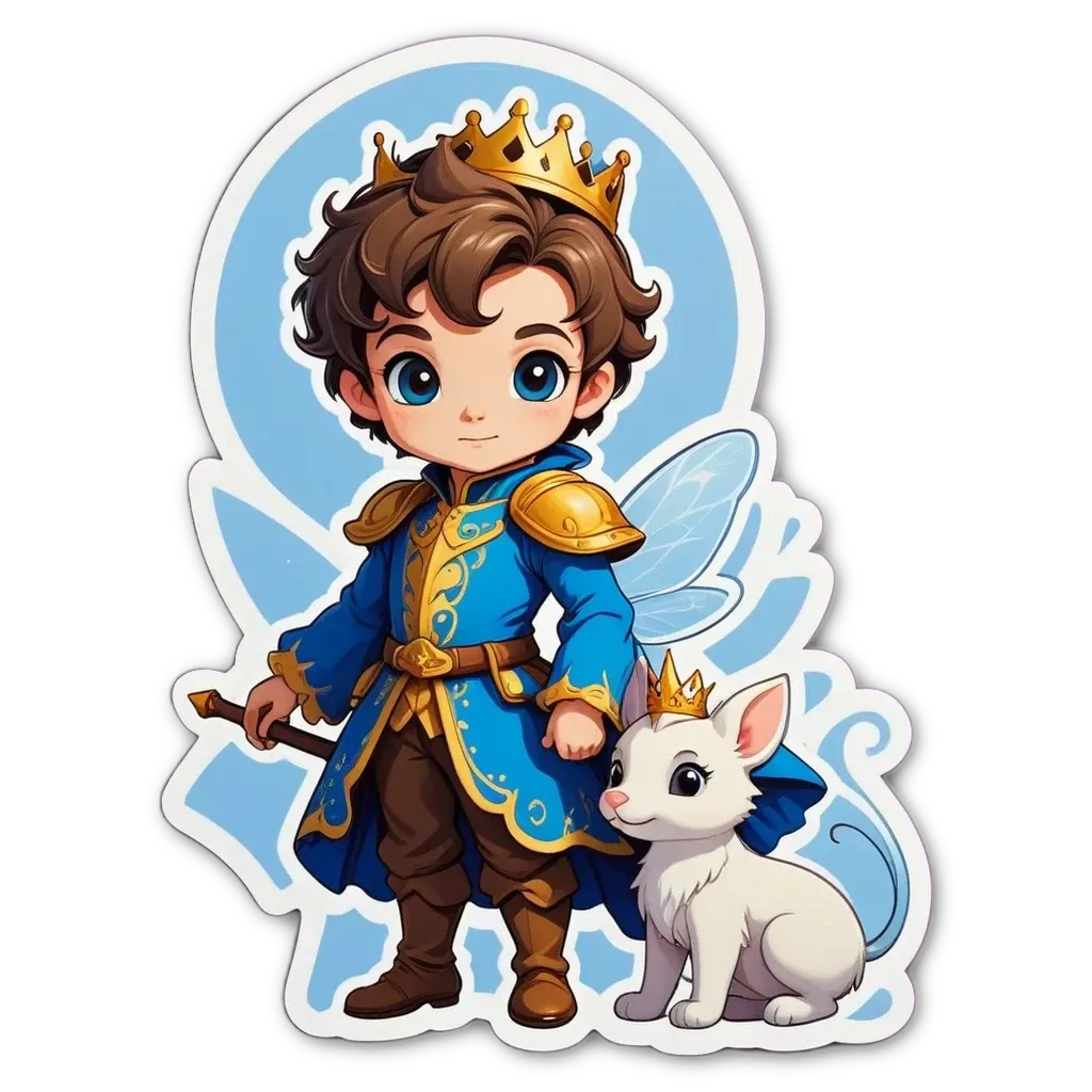 A boy with a cat and a sticker of him with a crown.
