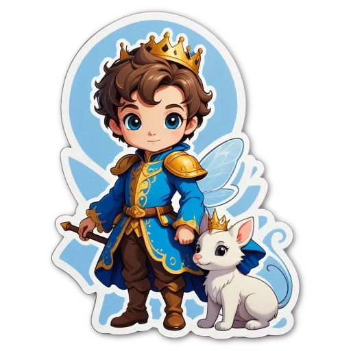 A boy with a cat and a sticker of him with a crown.