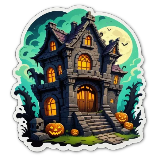 A Halloween sticker of a house with pumpkins on the front steps.