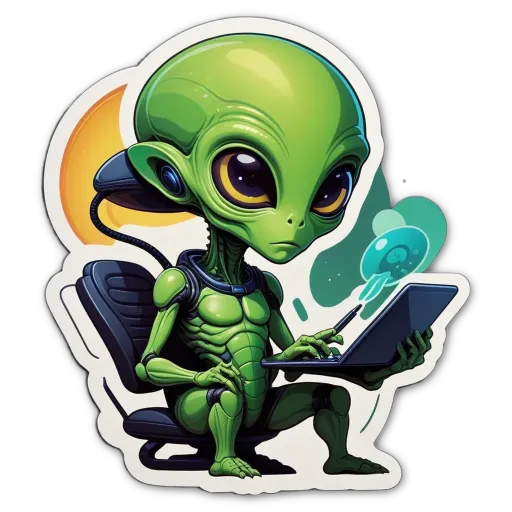 A sticker of a green alien on a laptop.