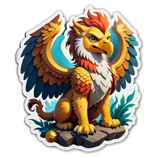 A sticker of a bird with orange and blue feathers and a face with yellow eyes.
