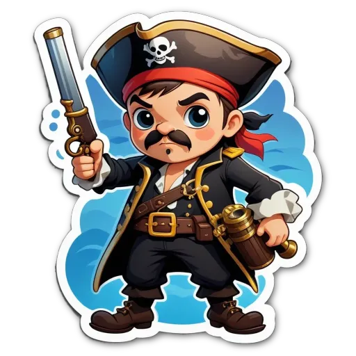 A cartoon depiction of a pirate holding a sword.