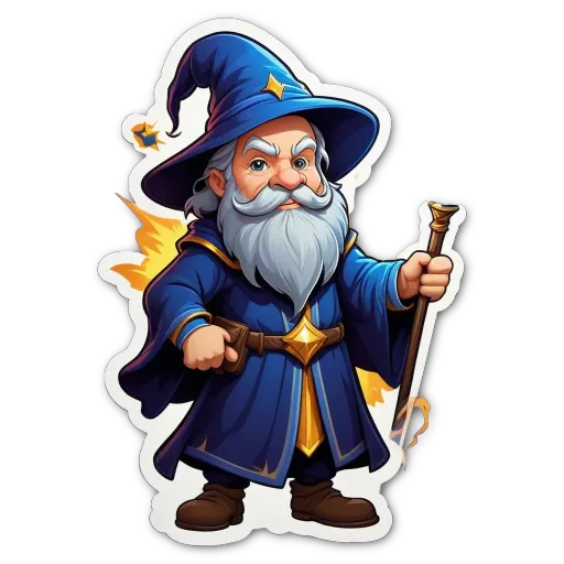 A cartoon drawing of a wizard with a staff.