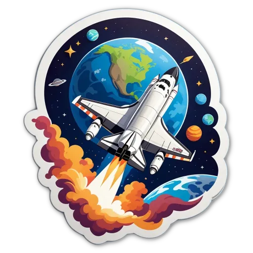 A space shuttle is launching from a sticker that has a globe and other planets.