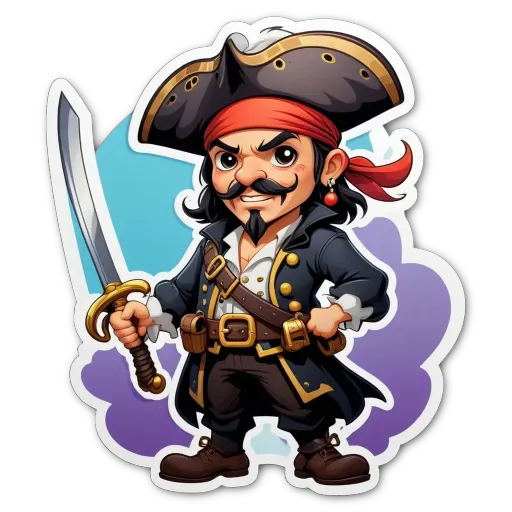 A cartoon depiction of a pirate holding a sword.