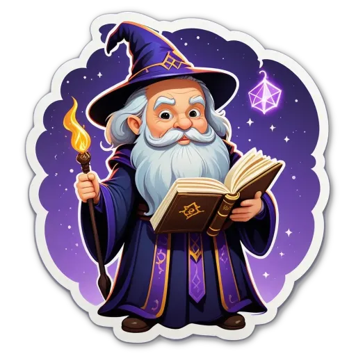 A cartoon of a wizard reading a book with a staff.