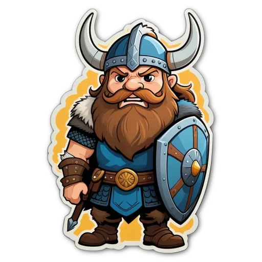 A cartoon drawing of a man with a shield and a beard.