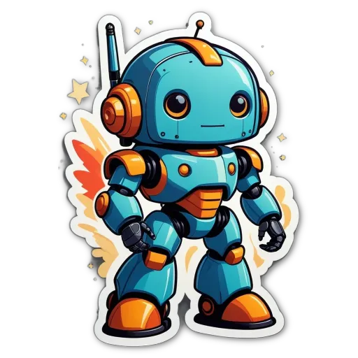A blue robot with orange and yellow limbs standing on a black background.