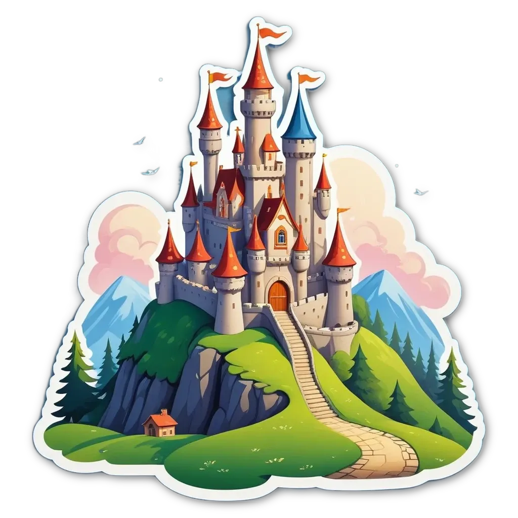 A castle and a mountain with a path leading to the castle.