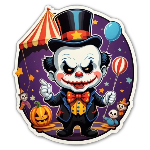 A clown wearing a top hat and makeup, holding balloons, and standing in front of a tent.