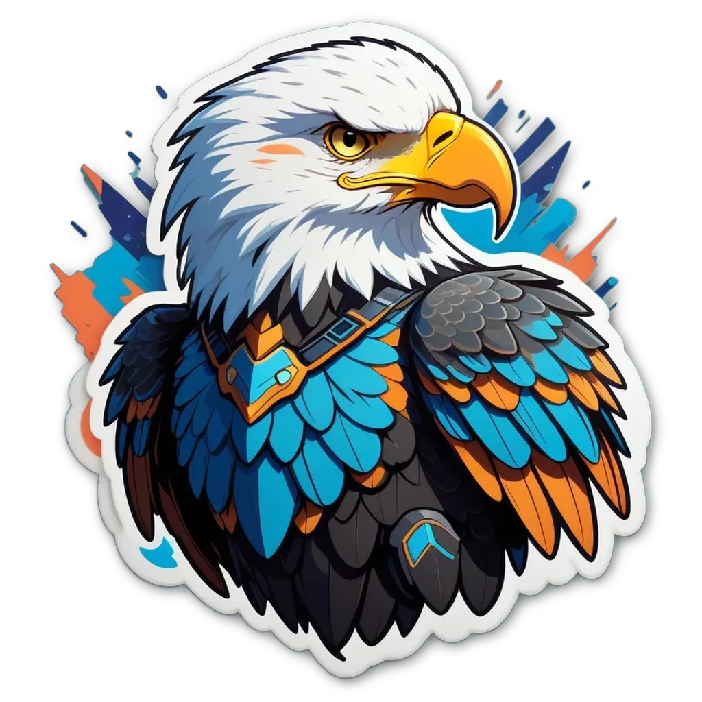 A white eagle with blue and orange wings is depicted.