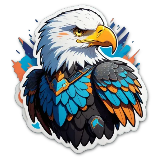 A white eagle with blue and orange wings is depicted.