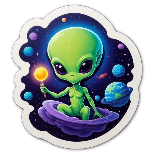 A green alien holding a sun sticker is sitting on a planet sticker.