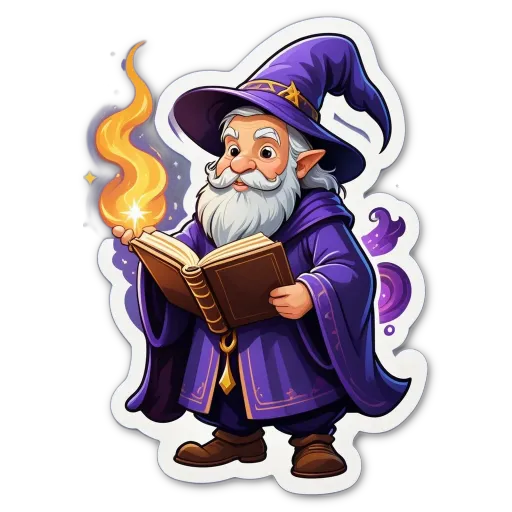 A cartoon drawing of a wizard reading a book with a lightning bolt in the background.