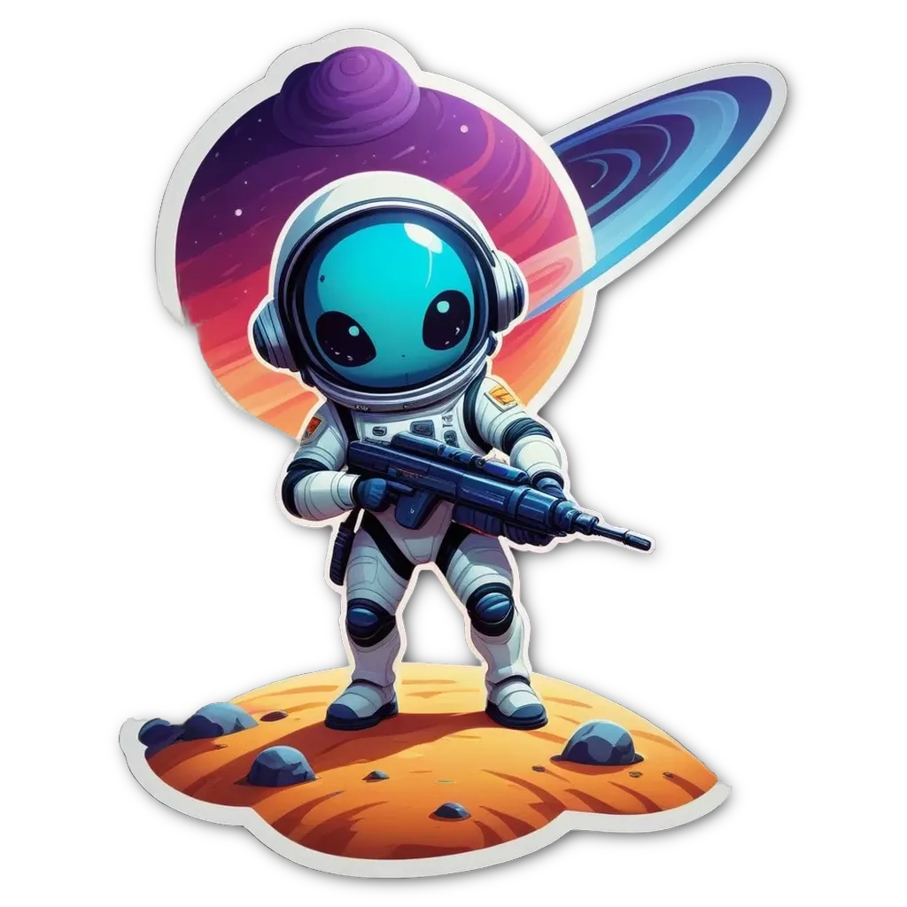 A cartoon alien in a spacesuit holding a gun.