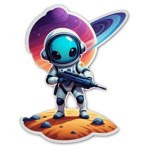 A cartoon alien in a spacesuit holding a gun.