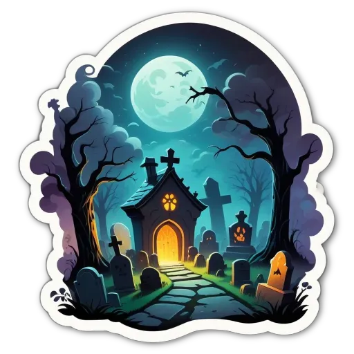 A cemetery at night with a full moon.