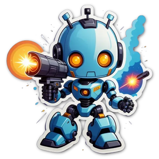 A blue robot with a gun is in front of a black background.