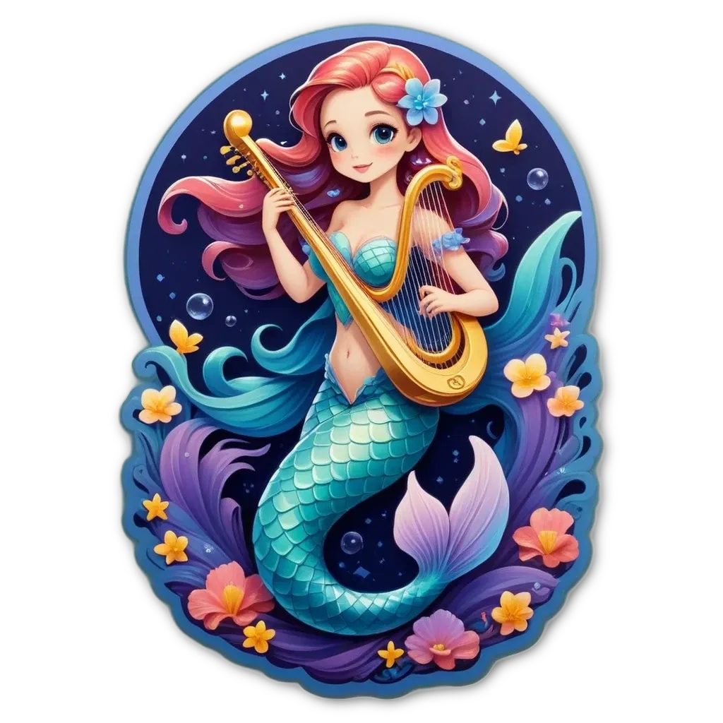 A drawing of a mermaid playing the harp.