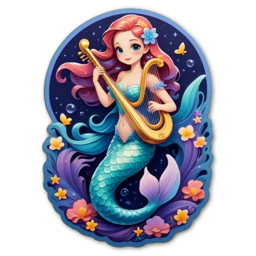 A drawing of a mermaid playing the harp.