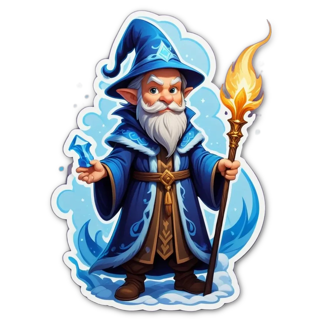 A cartoon drawing of a wizard with a staff and blue robes.