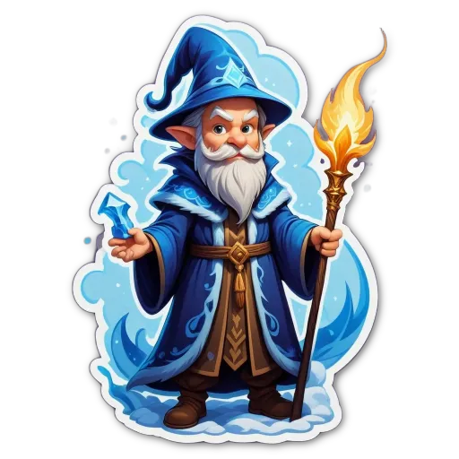 A cartoon drawing of a wizard with a staff and blue robes.