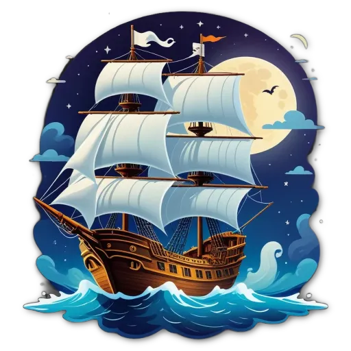 A cartoon of a ship at sea with the full moon in the sky.