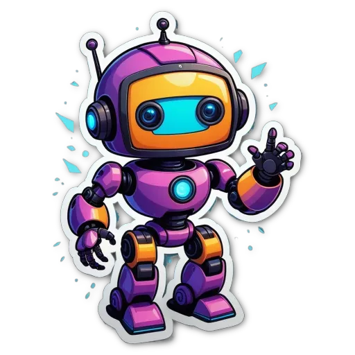 A cartoon robot that is purple and yellow and has a big smile.