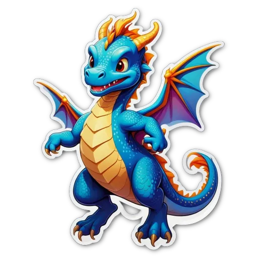 A blue dragon with yellow wings is standing on a black background.