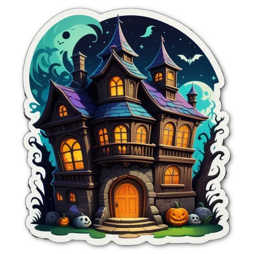A Halloween themed drawing of a large house with multiple windows.