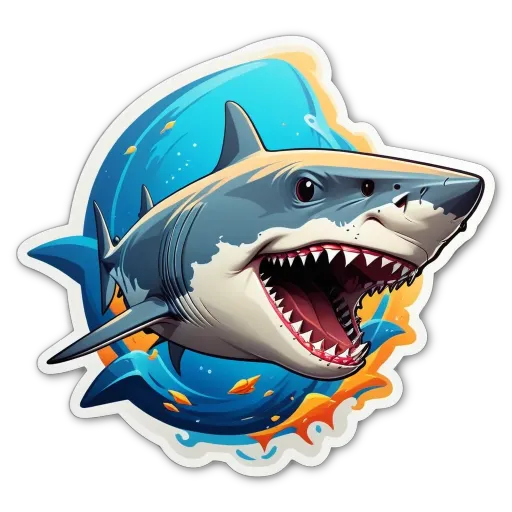 A graphic of a shark with teeth that is coloured blue, orange and white.