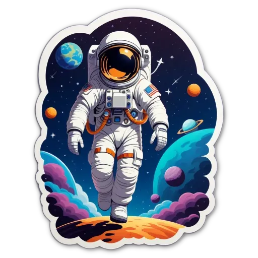 A sticker of an american space man that is walking on the mars.