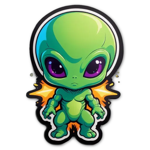 A green alien with big eyes standing in front of a black background.