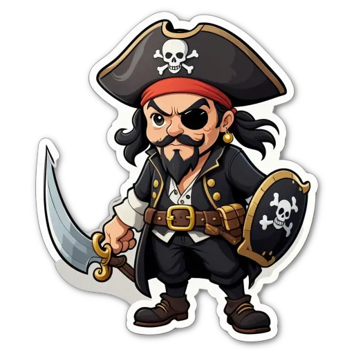 a cartoon of a pirate with a sword that is on a black background.