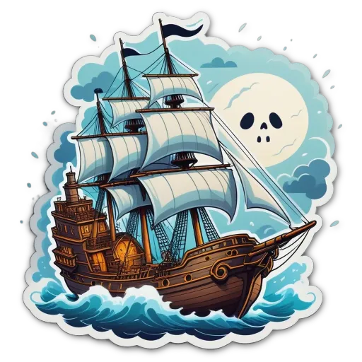 A cartoon of a ship with a skull in the right upper corner.