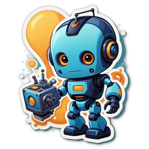 A blue robot holding a box with a picture of a robot on it.