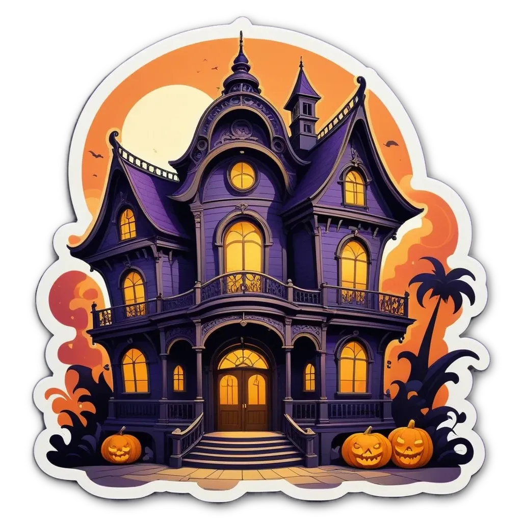 A sticker of a pumpkin lantern on a house.