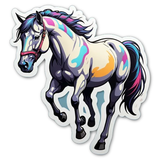 A colorful horse is running and is a part of a sticker.
