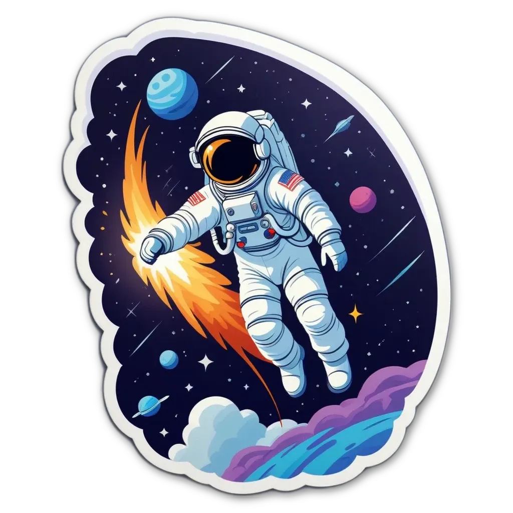 A space scene with a man in a spacesuit and a rocket ship.