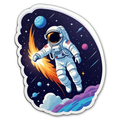 A space scene with a man in a spacesuit and a rocket ship.